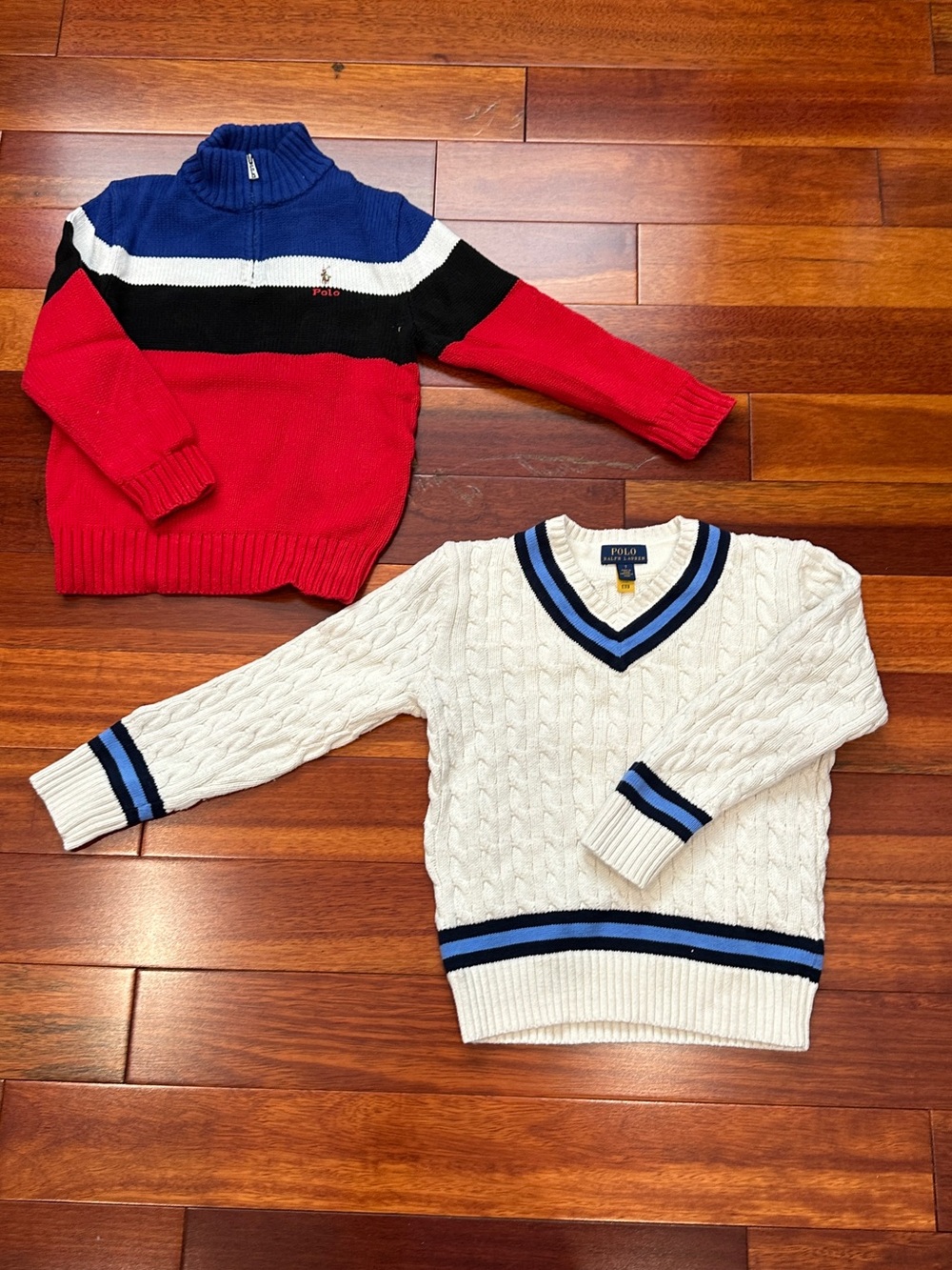 Polo by Ralph Lauren Cream Cable V-Neck Sweater with Blue & Black Trim